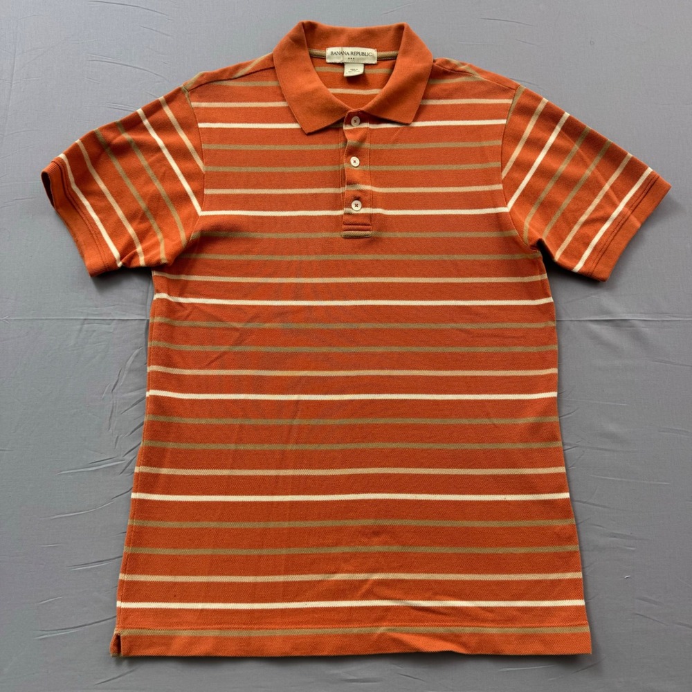 Banana Republic Mens Orange Striped Polo Shirt Medium Cotton Pique‎ Short Sleeve